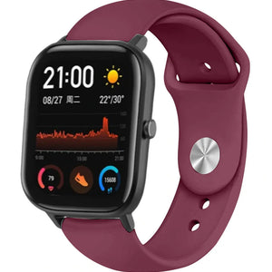 Silicone Sport Strap, burgundy, on a watch, 3/4 front view