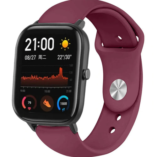 Silicone Sport Strap, burgundy, on a watch, 3/4 front view