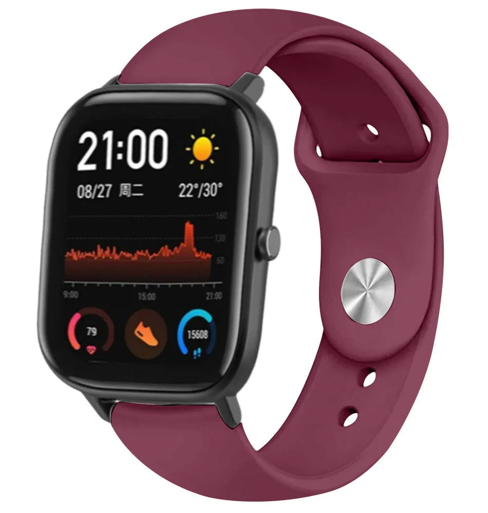 Silicone Sport Strap, burgundy, on a watch, 3/4 front view