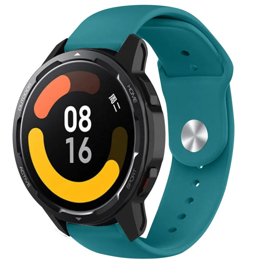 Silicone Sport Strap, green-blue, on a watch, 3/4 front view