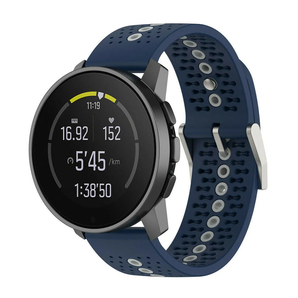 Silicone Strap, blue/grey, on a watch, 3/4 front view
