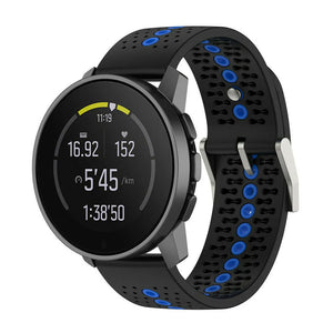 Silicone Strap, black/blue, on a watch, 3/4 front view
