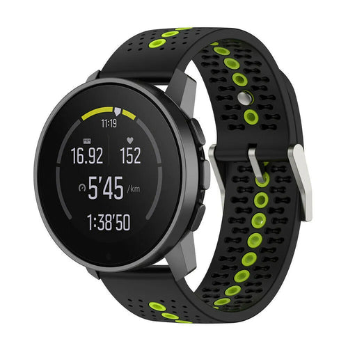 Silicone Strap, black/yellow, on a watch, 3/4 front view