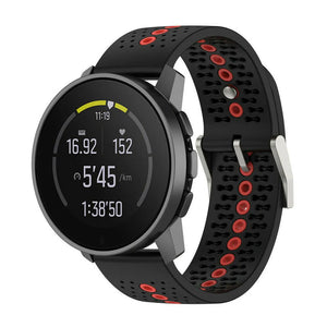 Silicone Strap, black/red, on a watch, 3/4 front view