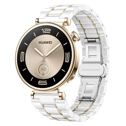 Metal Ceramic Strap, white/gold, on a watch, 3/4 front view