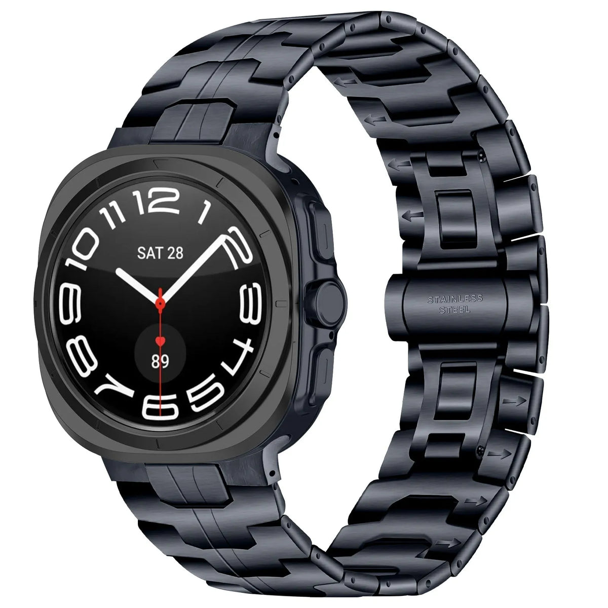 Steel Iron Strap, titanium grey, on a watch, 3/4 front view