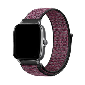 Nylon Strap, berry, on a watch, 3/4 front view