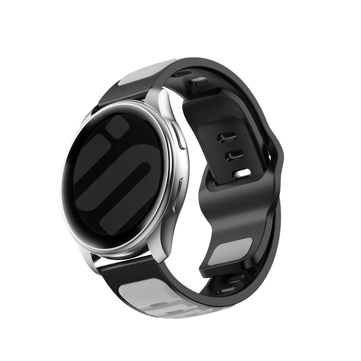 Outdoor Duo Silicone Strap, grey/black, on a watch, 3/4 front view