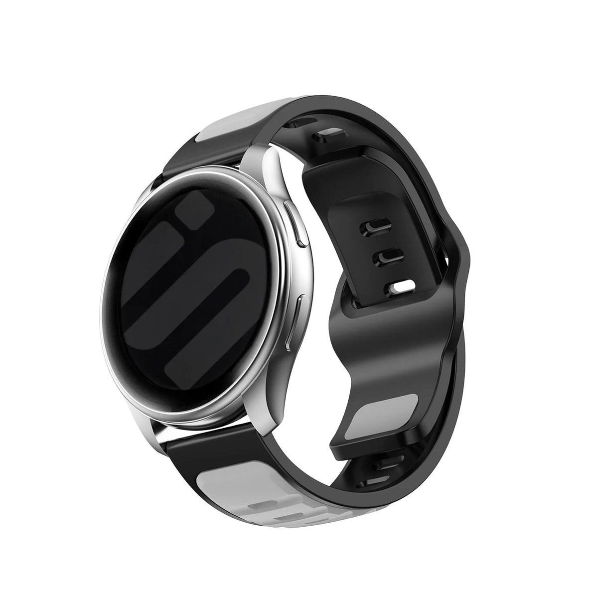 Outdoor Duo Silicone Strap, grey/black, on a watch, 3/4 front view
