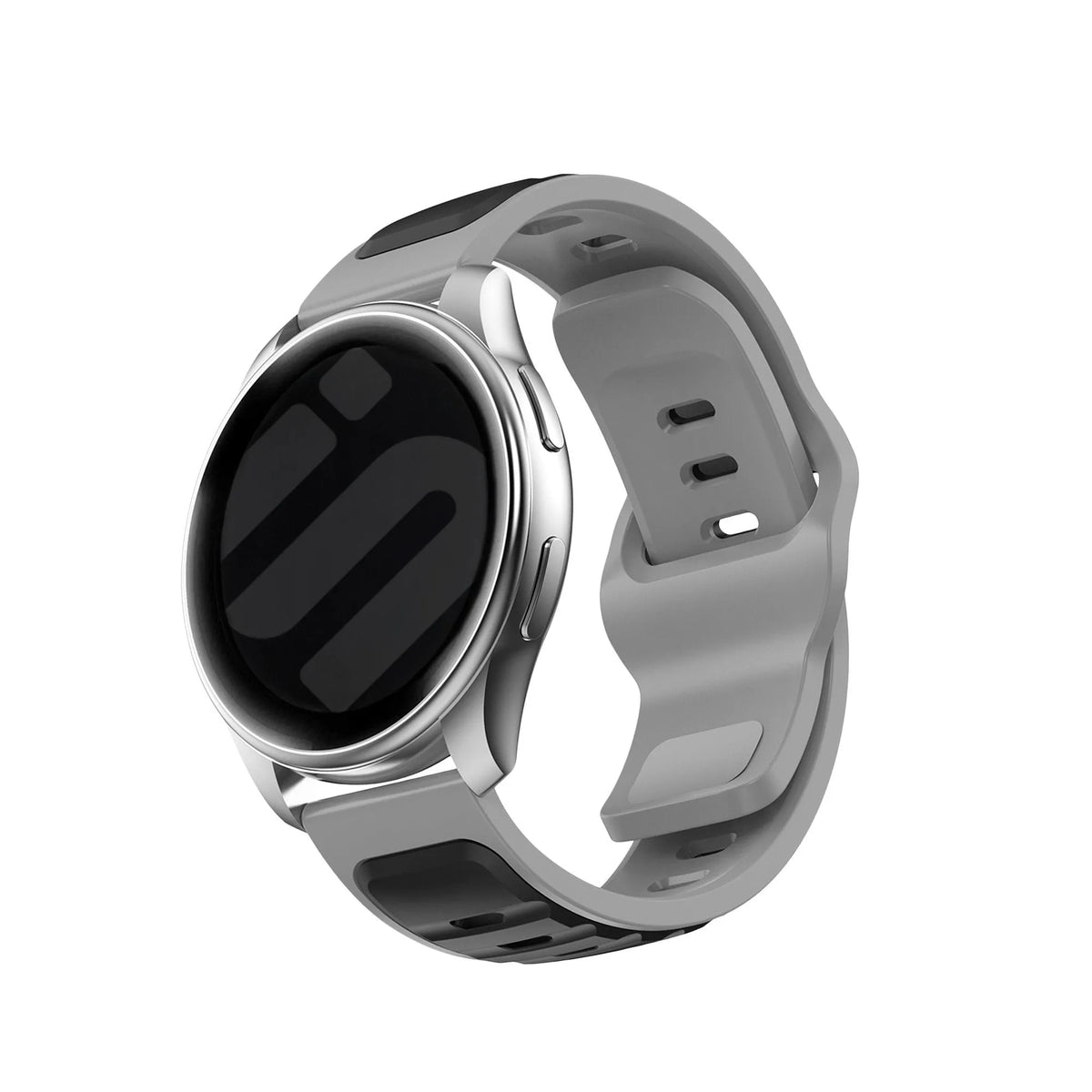 Outdoor Duo Silicone Strap, black/grey, on a watch, 3/4 front view