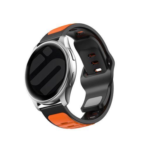 Outdoor Duo Silicone Strap, orange/black, on a watch, 3/4 front view