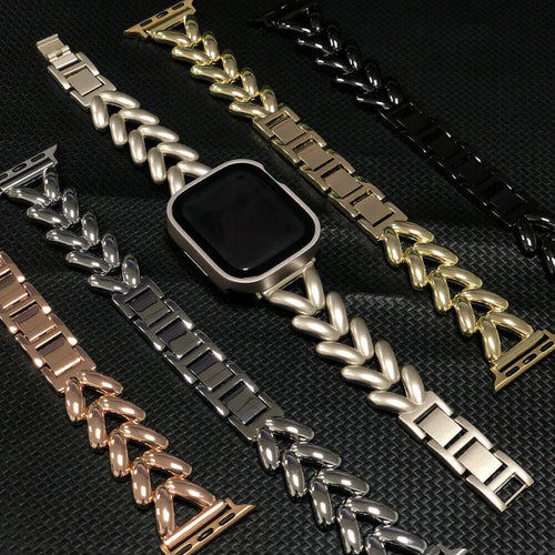 Steel Strap V-Type, black, on a watch, 3/4 front view
