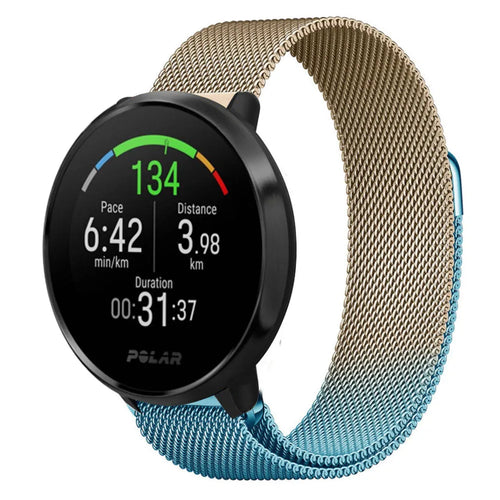 Milanese Strap, blue/gold, on a watch, 3/4 front view
