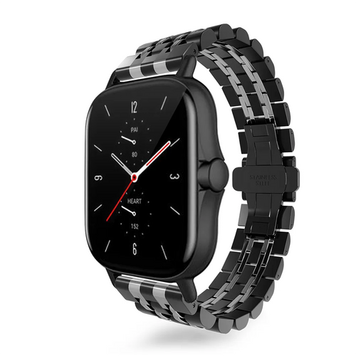 Steel Link Strap 'Duo', black/silver, on a watch, 3/4 front view