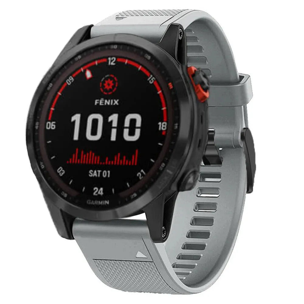 Silicone Strap, grey, on a watch, 3/4 front view