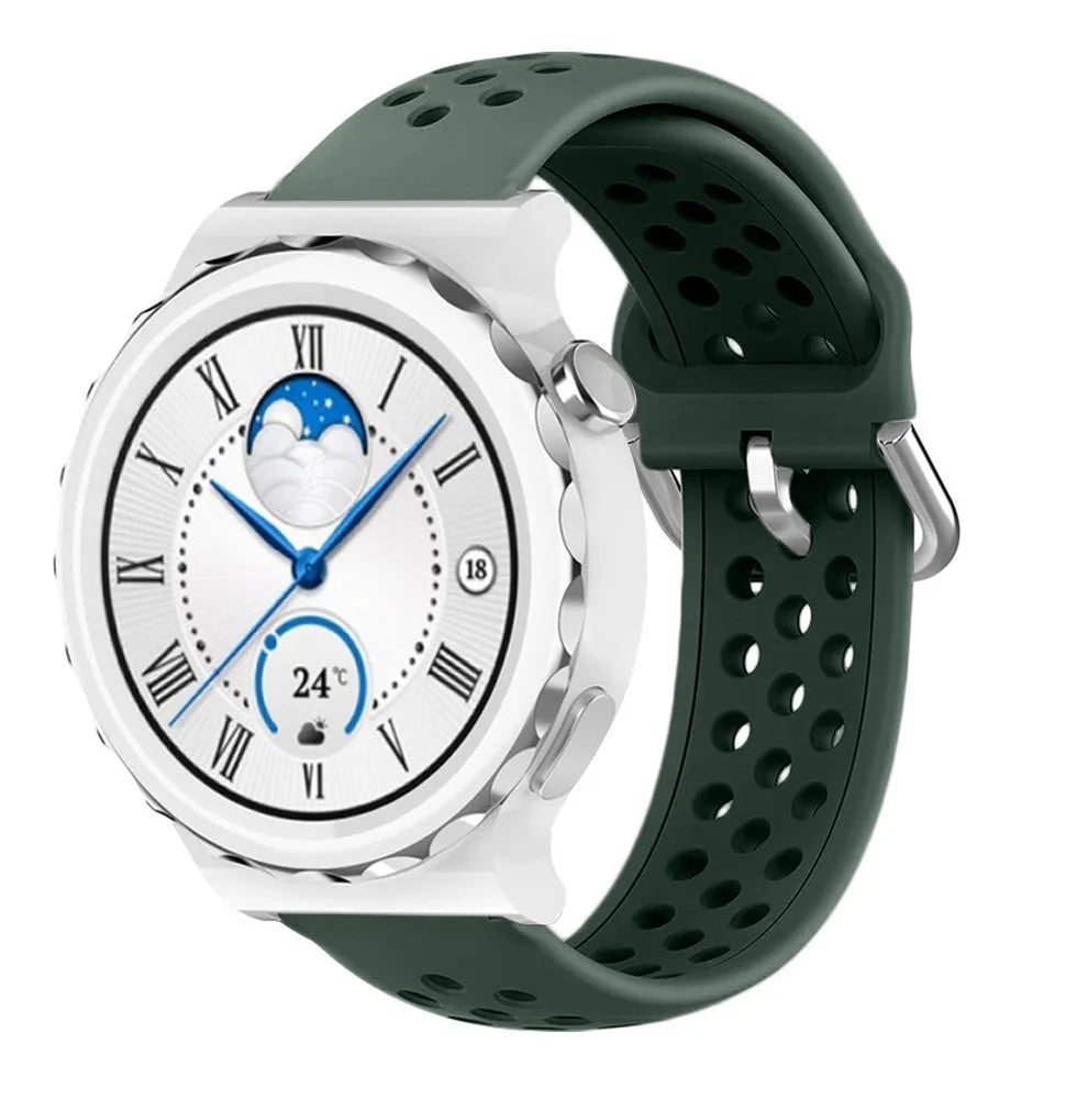 Breathable Silicone Strap, army green, on a watch, 3/4 front view