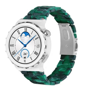 Metal Resin Strap, green, on a watch, 3/4 front view