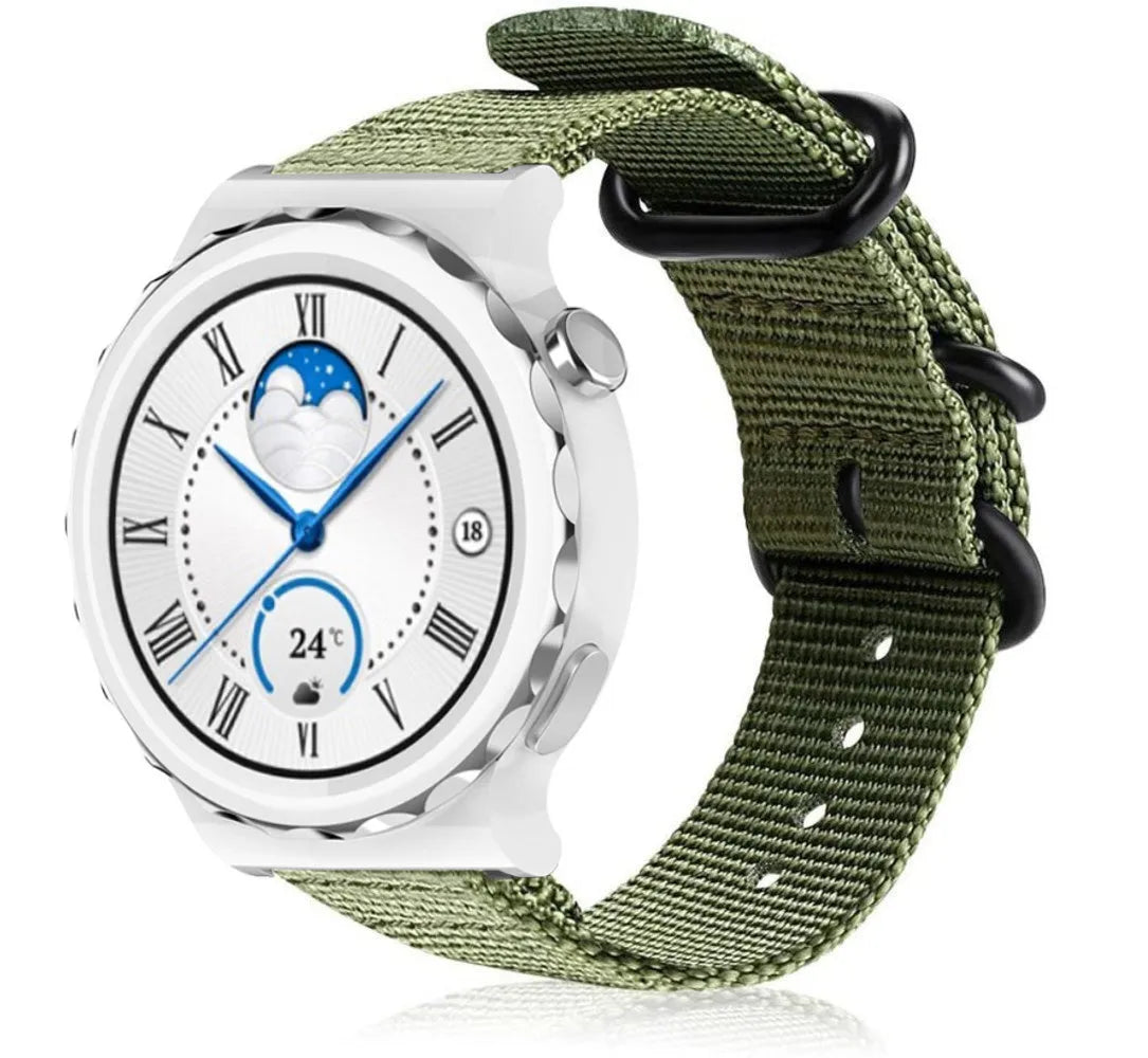 Nylon Buckle Strap, green, on a watch, 3/4 front view