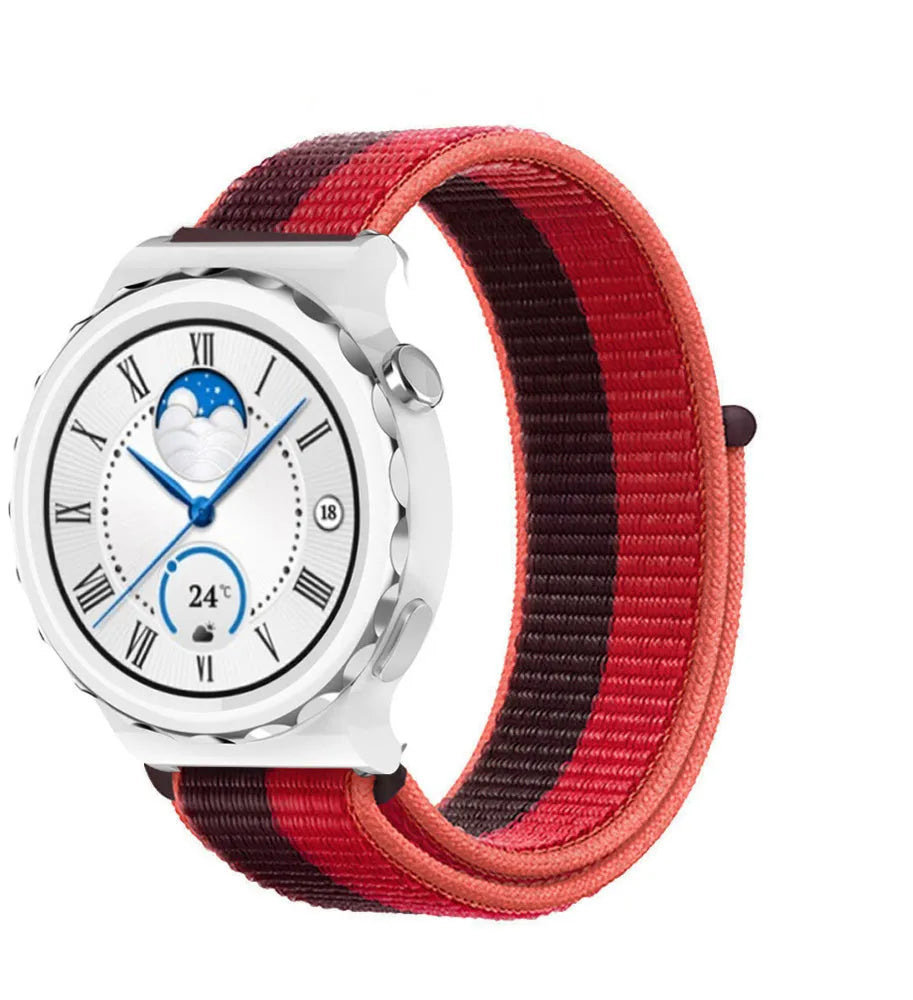 Nylon Strap, cherry magenta, on a watch, 3/4 front view