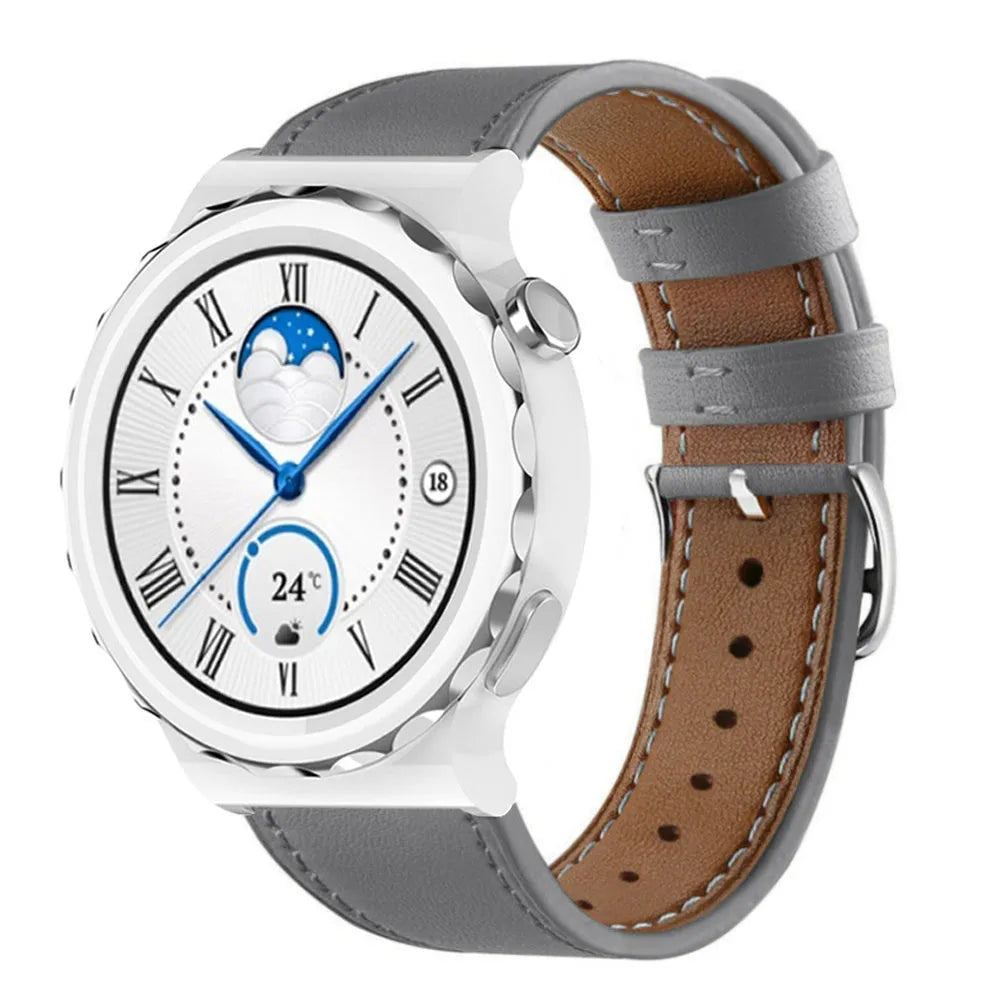 Modern Leather Strap, grey, on a watch, 3/4 front view