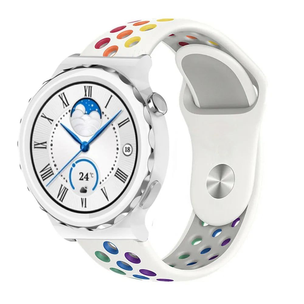Silicone Sport Strap, white/colourful, on a watch, 3/4 front view