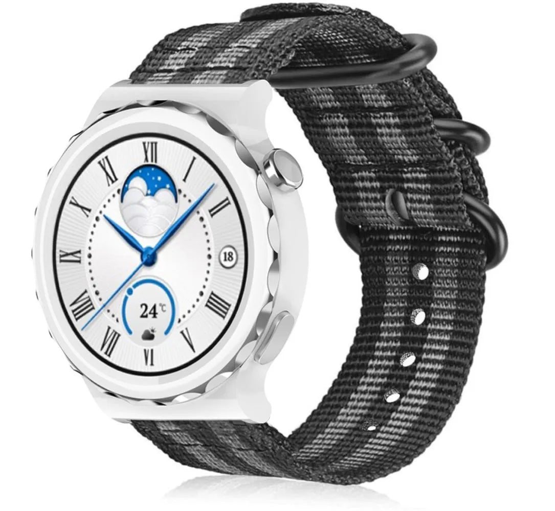 Nylon Buckle Strap, black/grey, on a watch, 3/4 front view