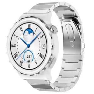 Premium Metal Strap, silver, on a watch, 3/4 front view