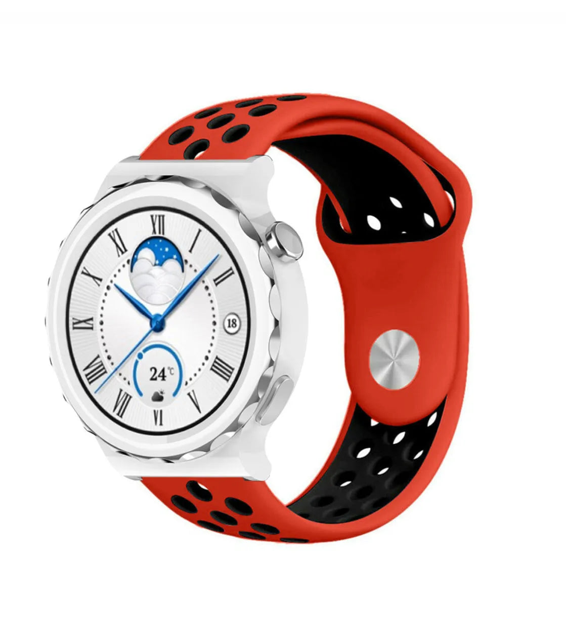 Silicone Sport Strap, red/black, on a watch, 3/4 front view