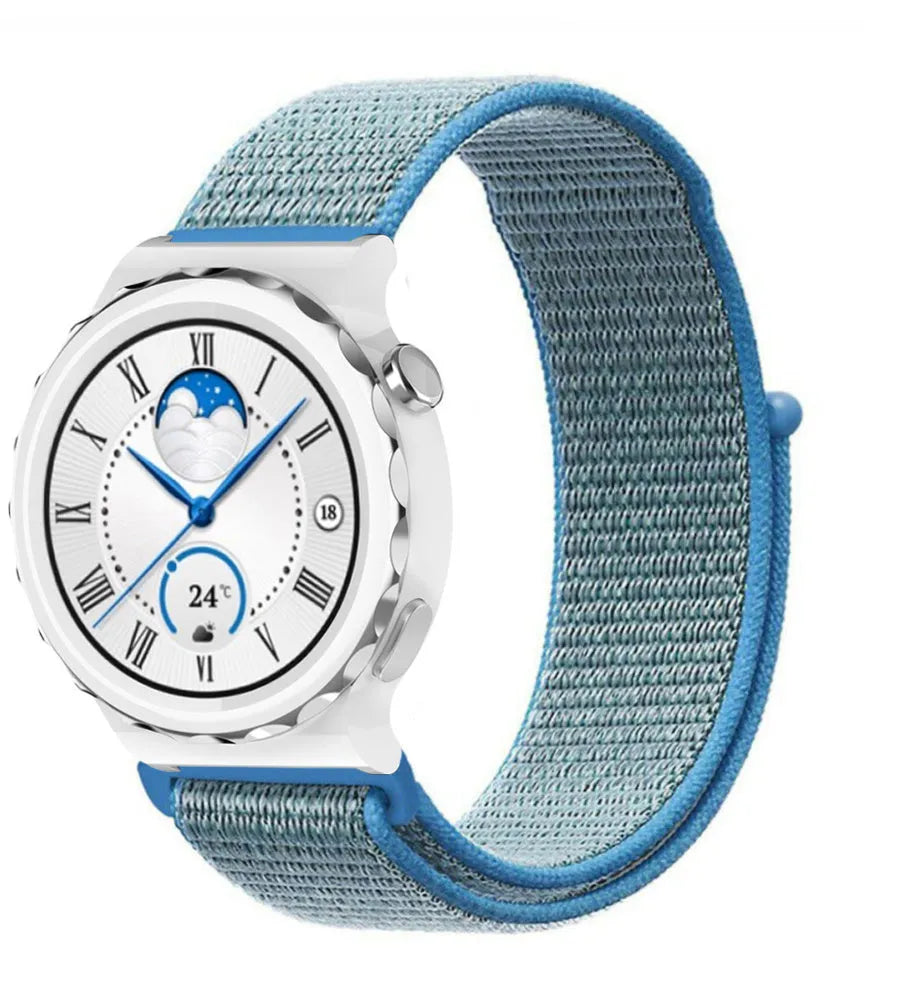 Nylon Strap, blue, on a watch, 3/4 front view