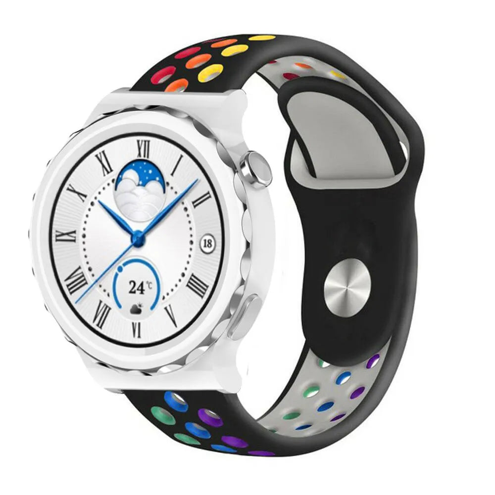 Silicone Sport Strap, black/colourful, on a watch, 3/4 front view
