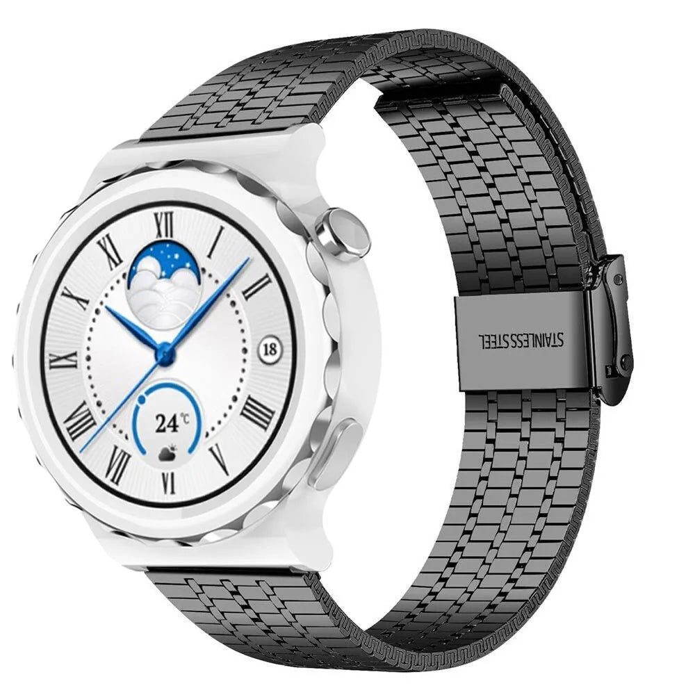 Fine Steel Strap, black, on a watch, 3/4 front view