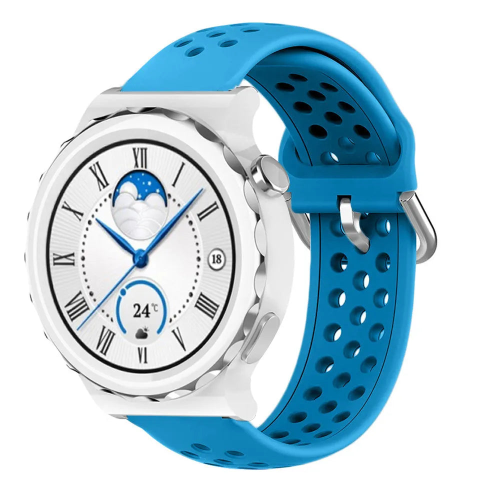 Breathable Silicone Strap, light blue, on a watch, 3/4 front view