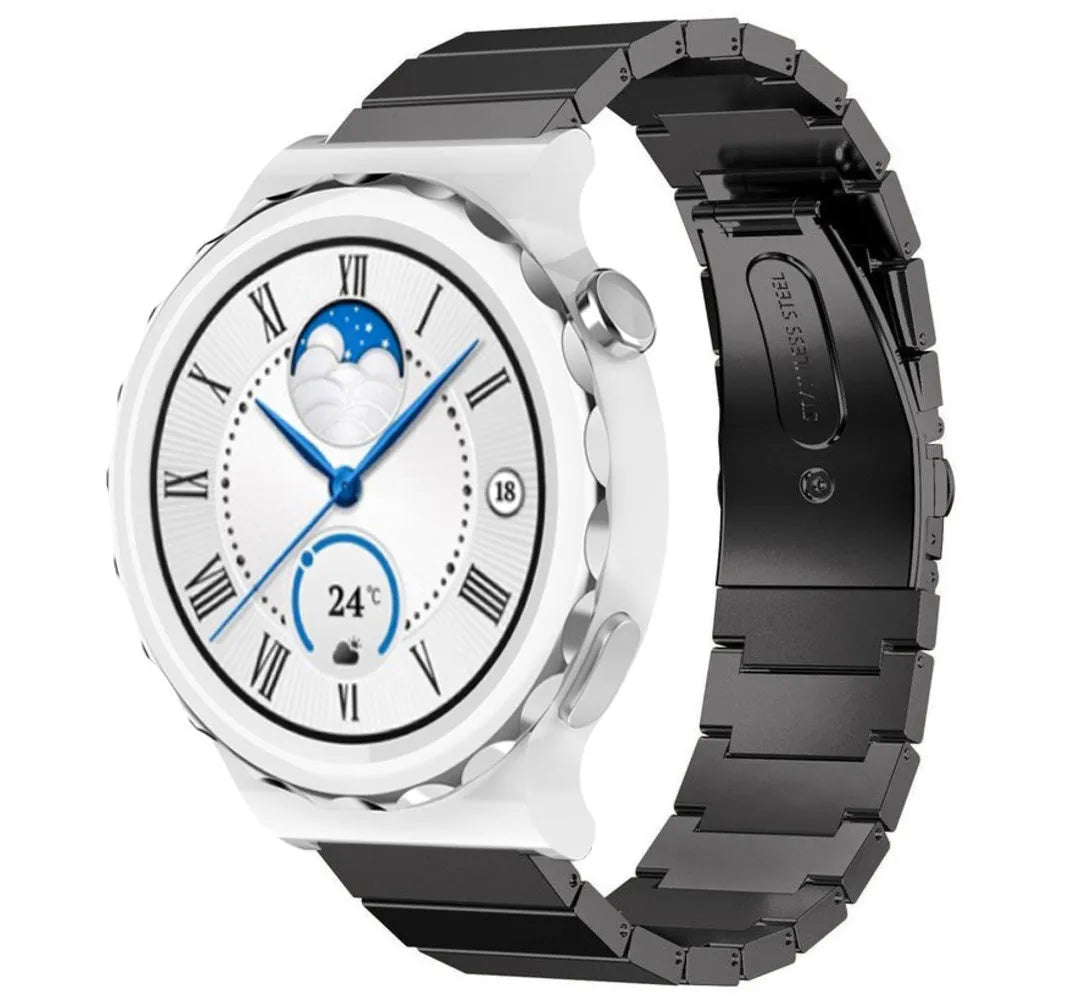Premium Metal Strap, black, on a watch, 3/4 front view