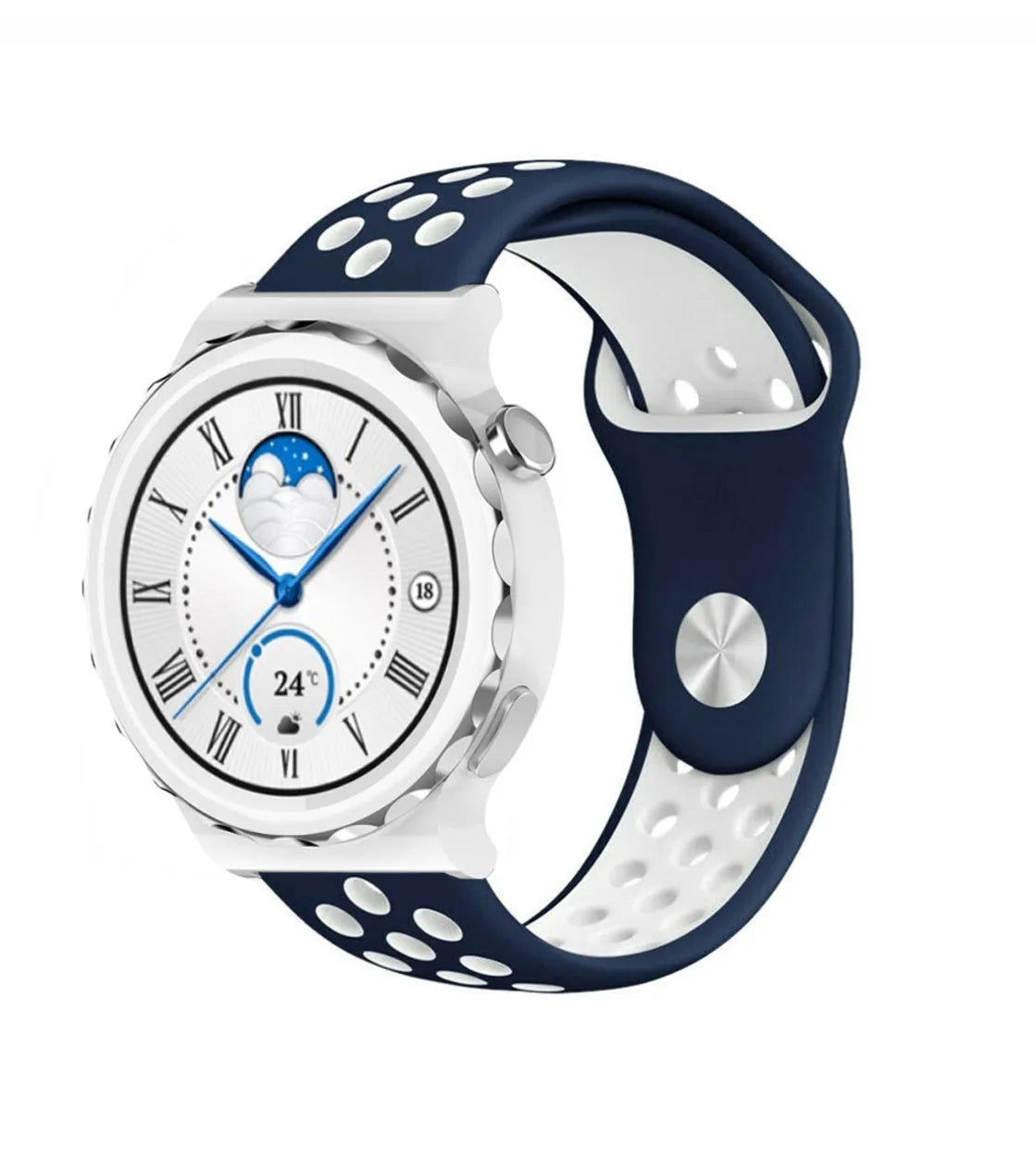 Silicone Sport Strap, blue/white, on a watch, 3/4 front view