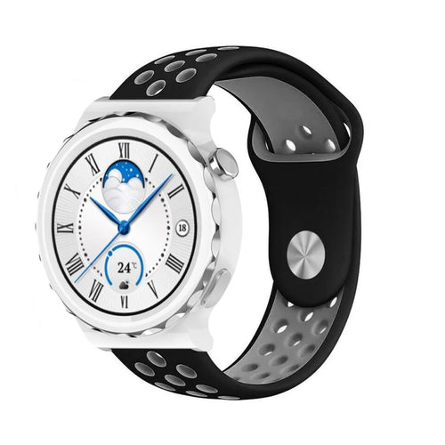 Silicone Sport Strap, black/grey, on a watch, 3/4 front view