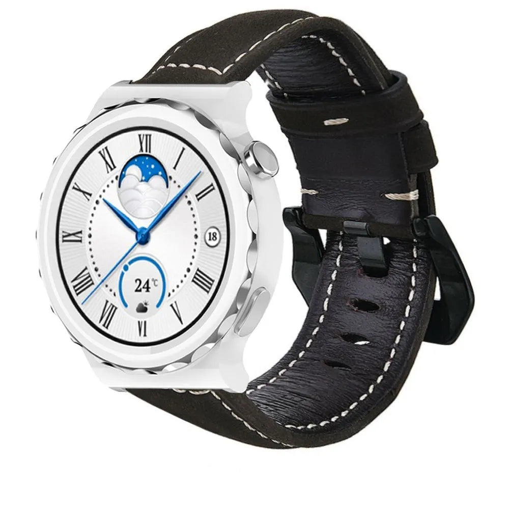 Leather Strap, black, on a watch, 3/4 front view
