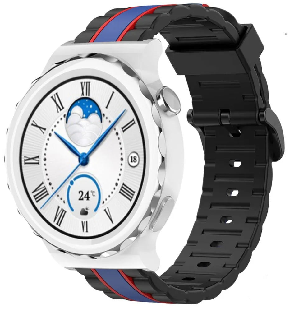 Silicone Special Edition Strap, black/blue, on a watch, 3/4 front view