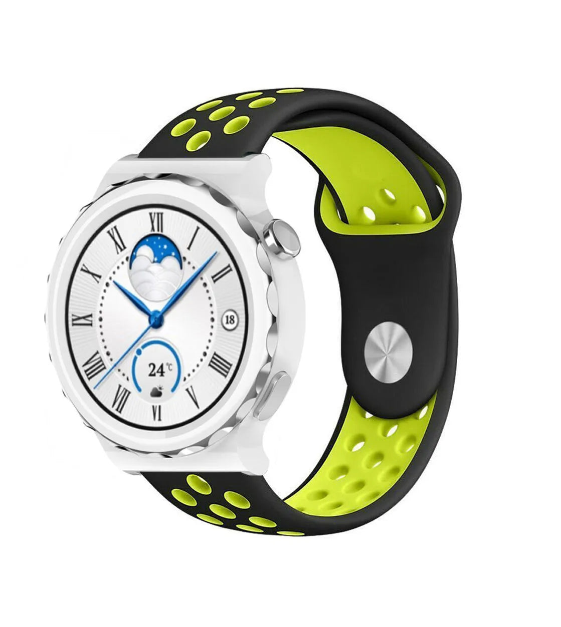Silicone Sport Strap, black/yellow, on a watch, 3/4 front view