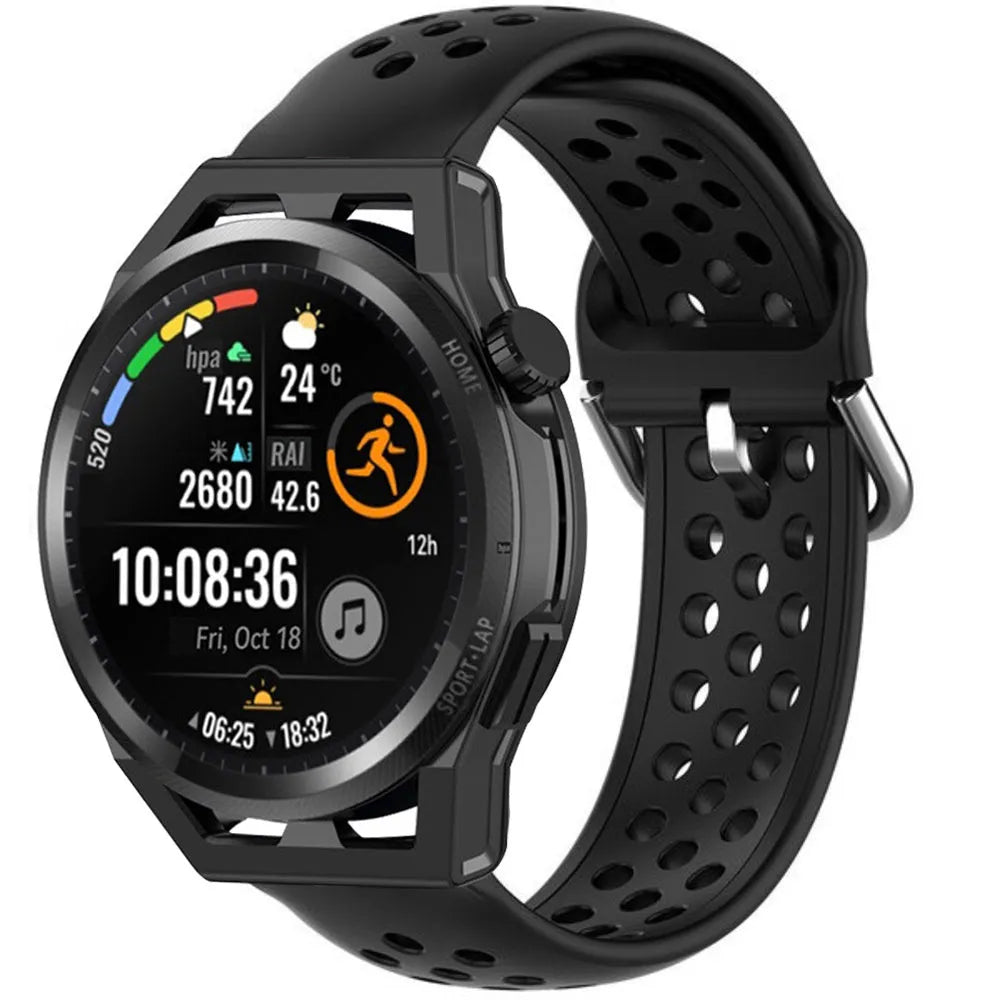Breathable Silicone Strap, black, on a watch, 3/4 front view