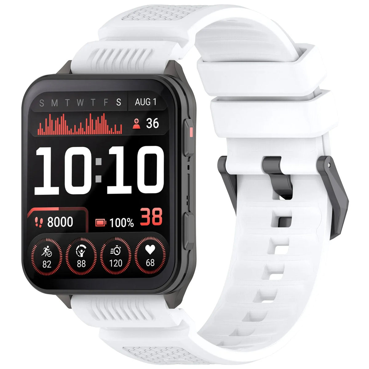Silicone Strap, white, on a watch, 3/4 front view