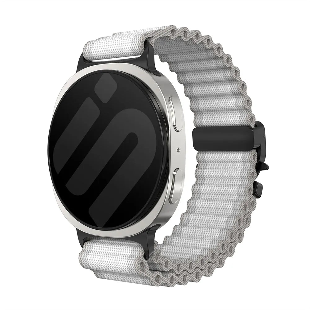 Outdoor Nylon Strap with P-Buckle, white with black, on a watch, 3/4 front view