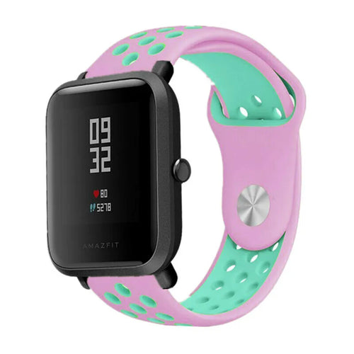 Silicone Sport Strap, pink/aqua, on a watch, 3/4 front view