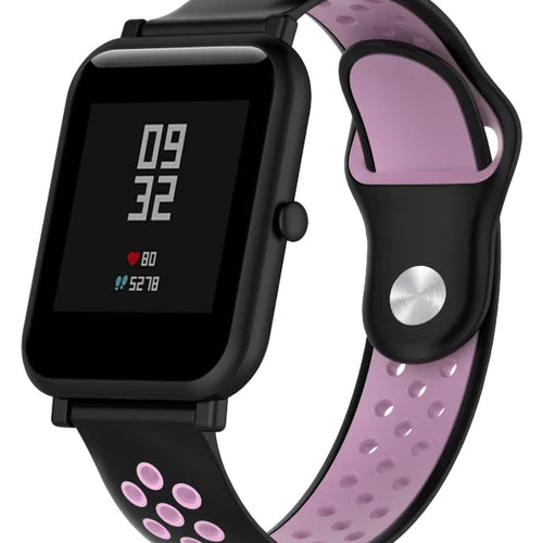 Silicone Sport Strap, black/pink, on a watch, 3/4 front view
