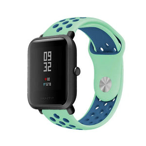 Silicone Sport Strap, aqua/blue, on a watch, 3/4 front view