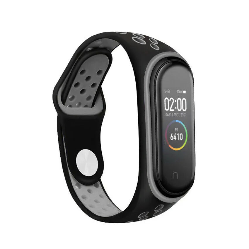 Silicone Sport Strap, black/grey, on a watch, 3/4 front view