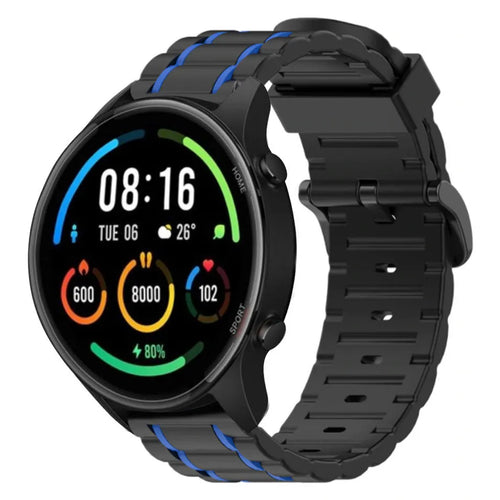 Silicone Sport Strap with Buckle, black/blue, on a watch, 3/4 front view