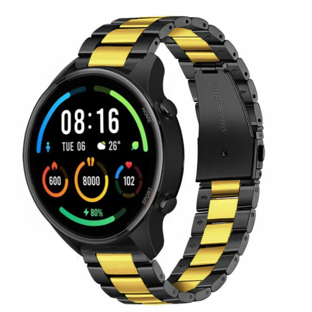 Steel Strap, black/gold, on a watch, 3/4 front view