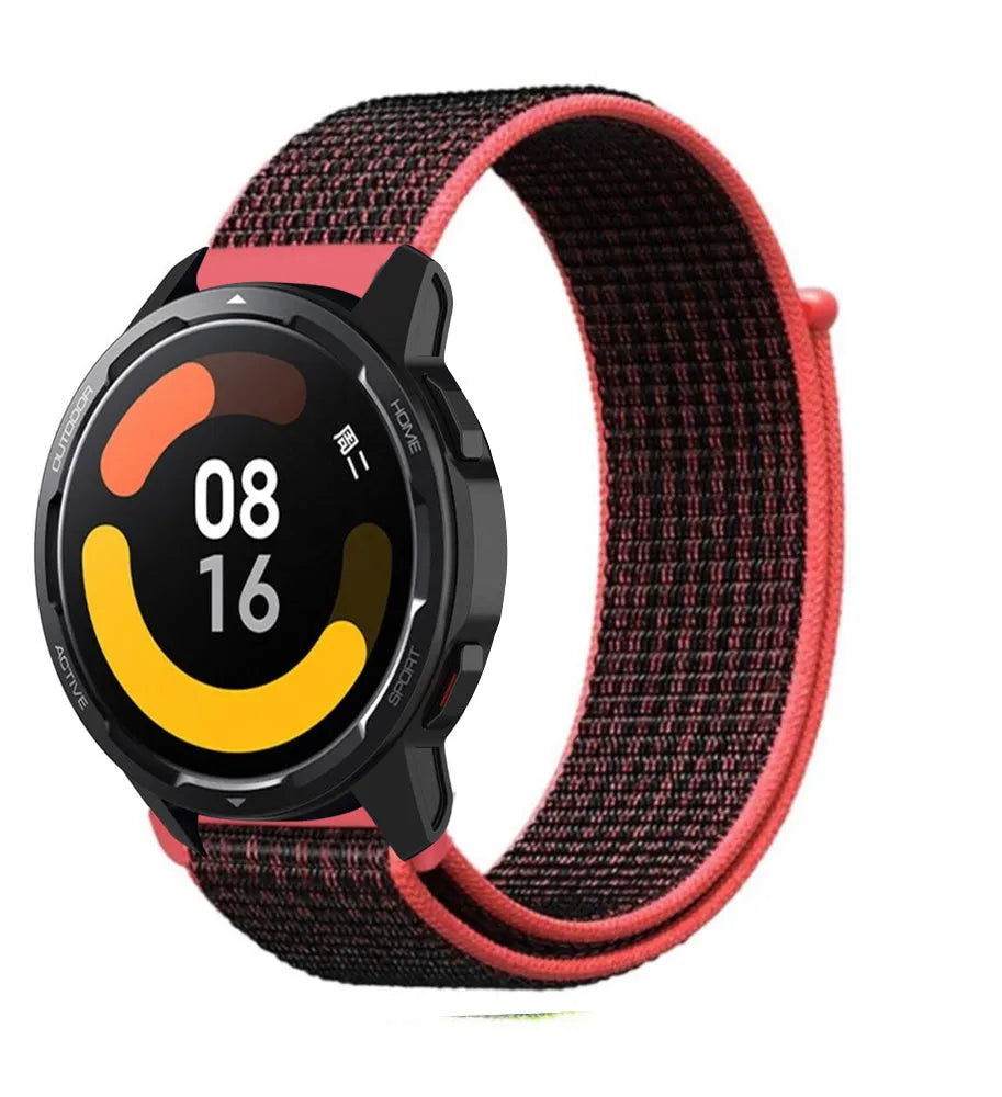 Nylon Strap, black/coral, on a watch, 3/4 front view