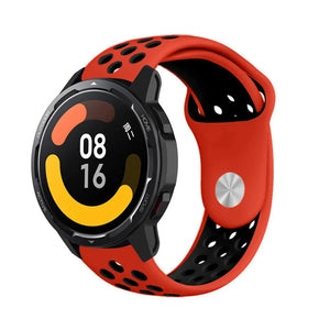 Silicone Sport Strap, red/black, on a watch, 3/4 front view