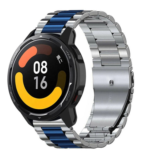 Steel Strap, silver/blue, on a watch, 3/4 front view